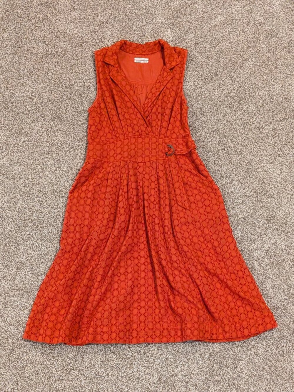 Anthropologie Geometric Print Midi Dress with Belt US Size 12 Orangish Red